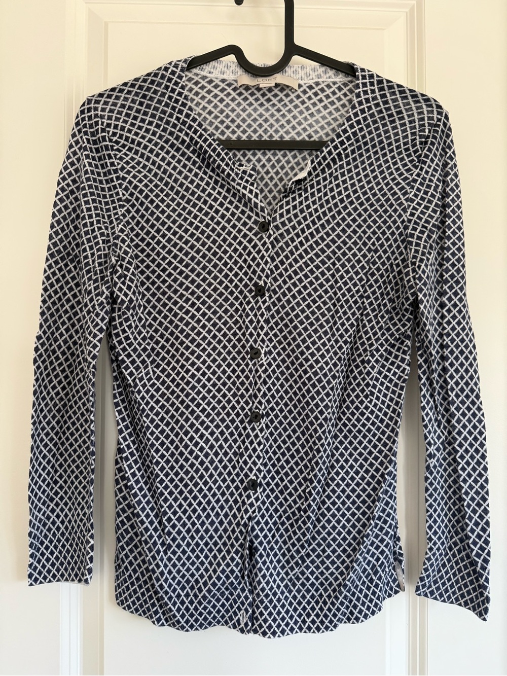 LOFT Navy and White Geometric Button-Front Sweater